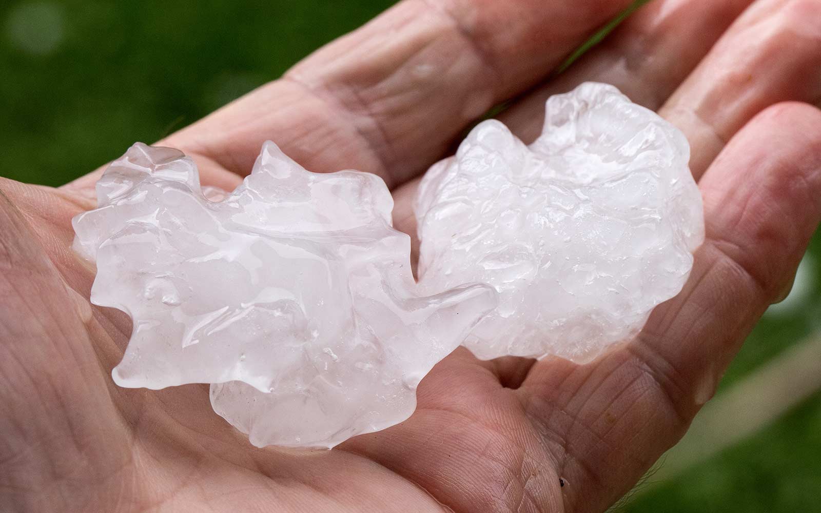 Hands holding large ice hail