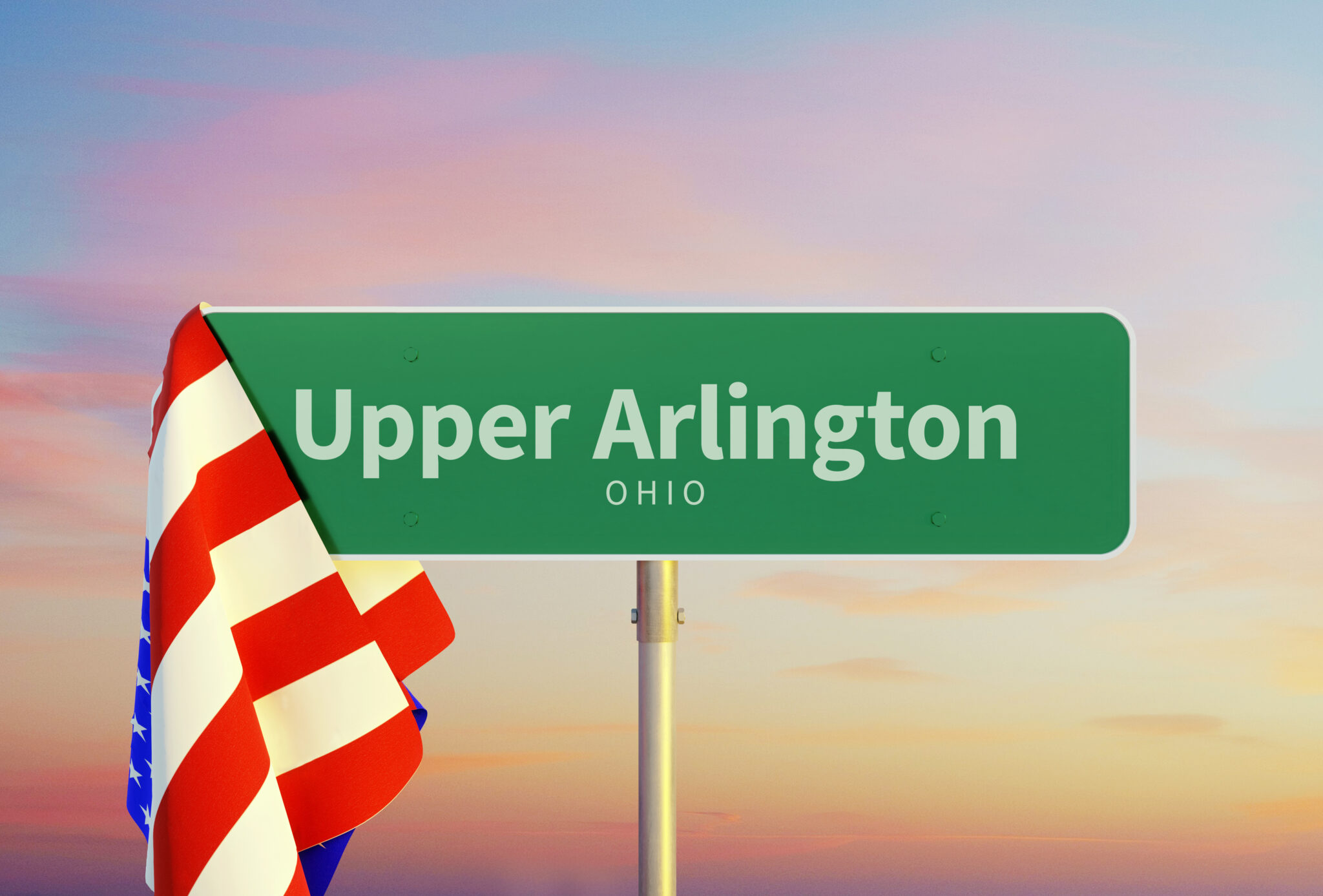 Upper Arlington – Ohio. Road or Town Sign. Flag of the united states. Sunset oder Sunrise Sky. 3d rendering