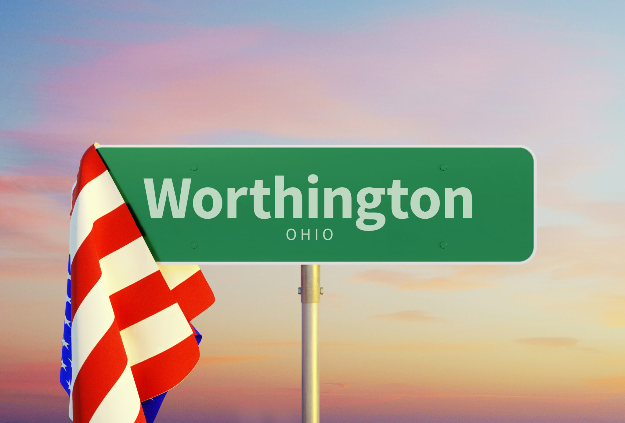 Worthington – Ohio. Road or Town Sign. Flag of the united states. Sunset oder Sunrise Sky. 3d rendering