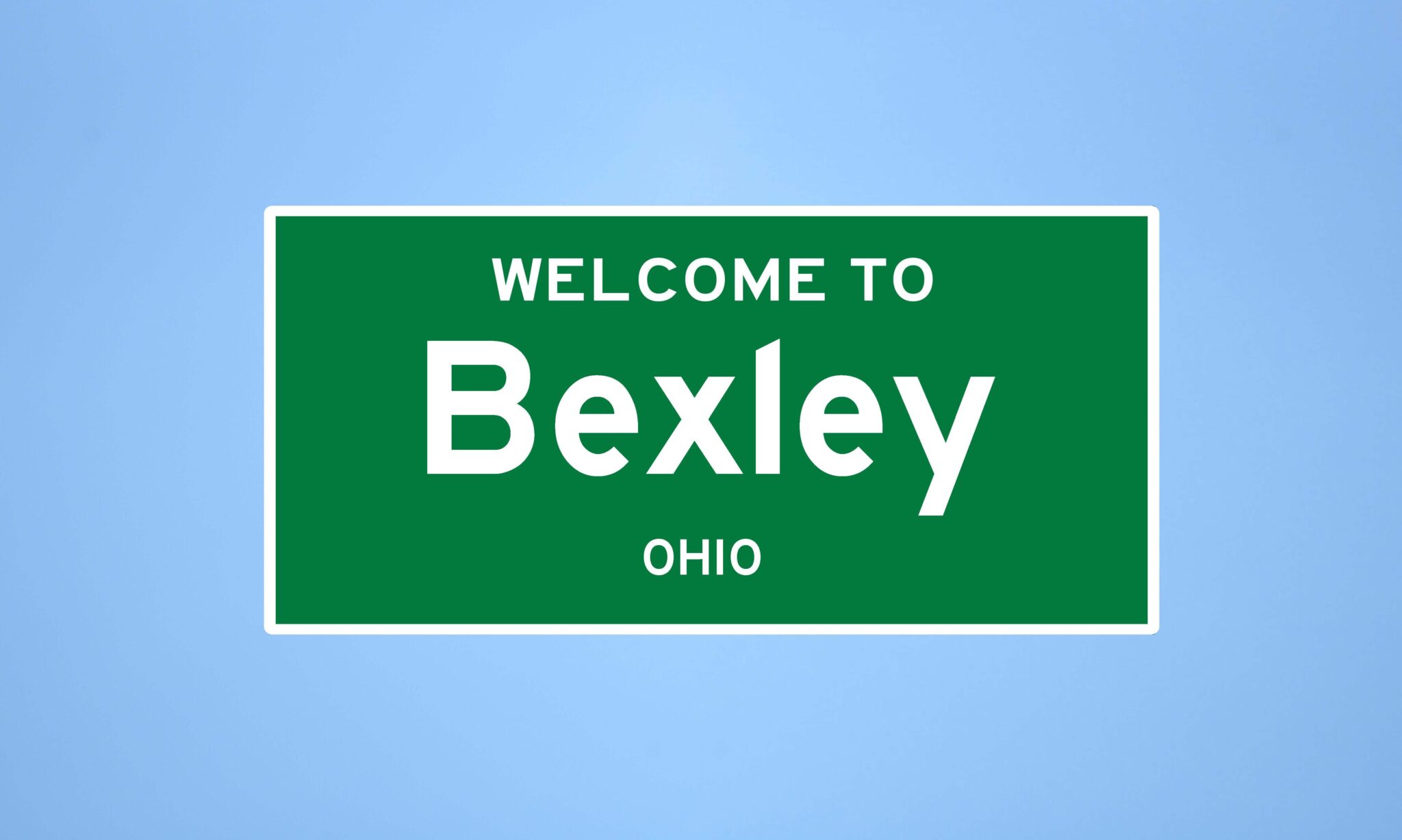 Isolated US city limit sign of Bexley, located in Franklin county, Ohio. Place name sign from the USA on blue background.