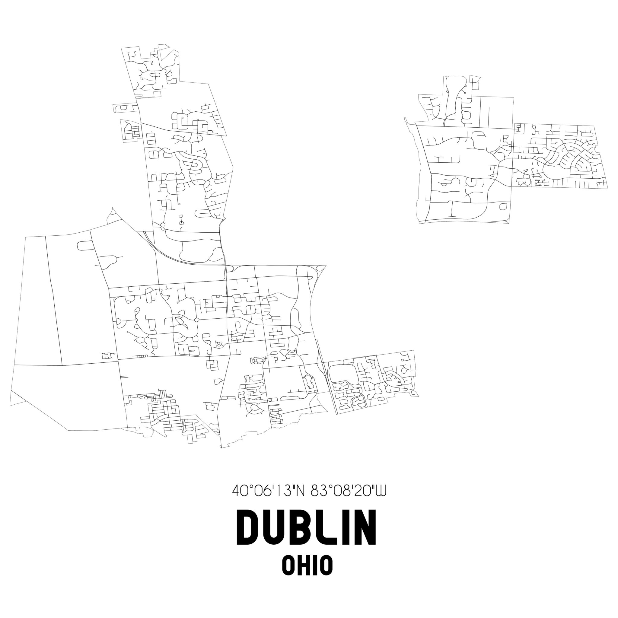 Dublin Ohio. US street map with black and white lines.