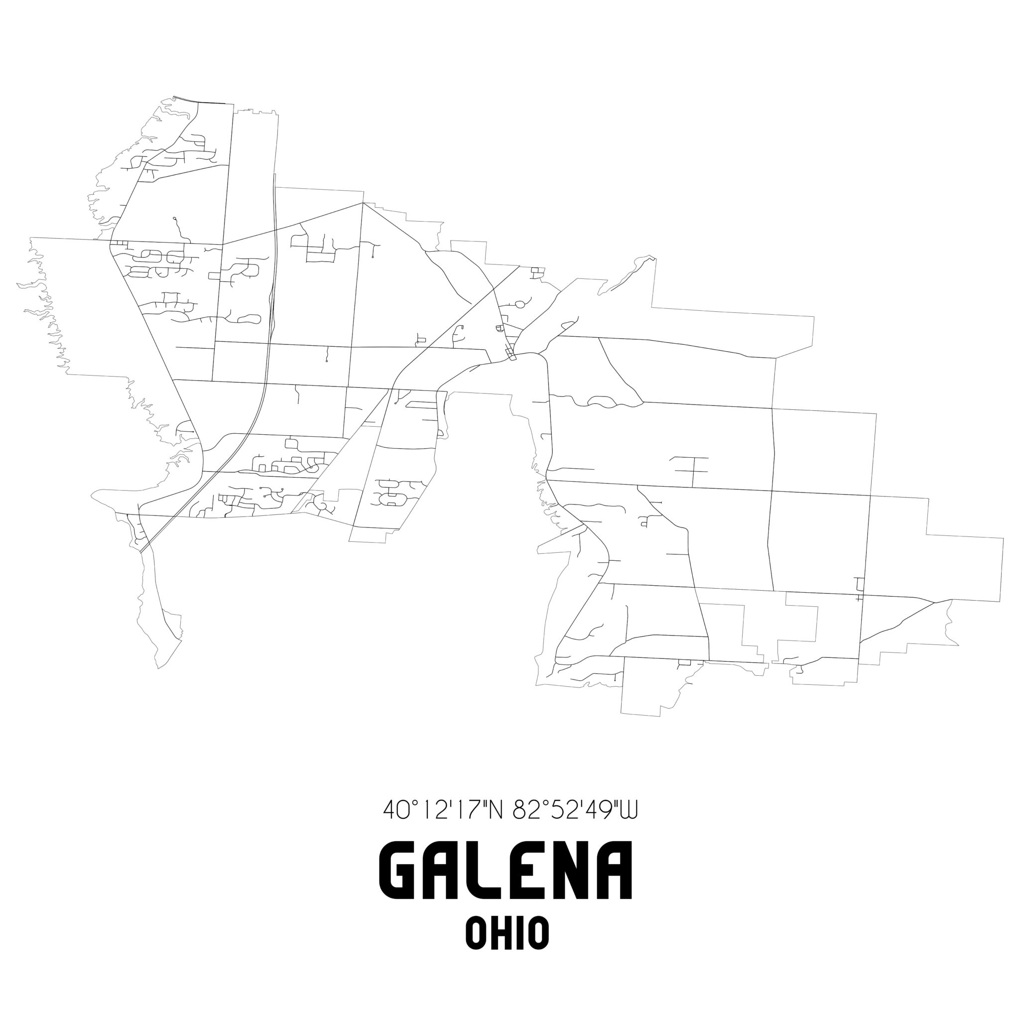 Galena Ohio. US street map with black and white lines.