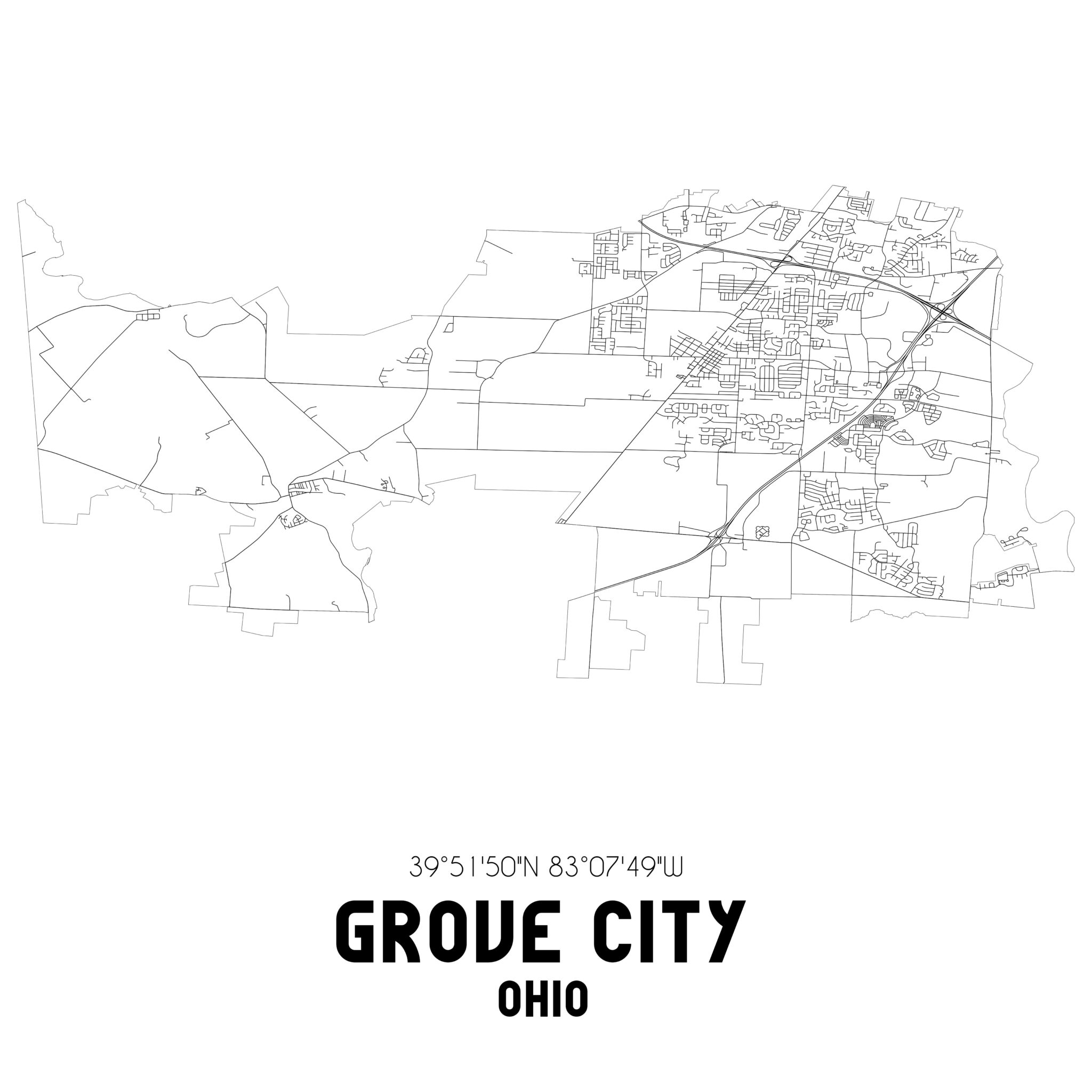 Grove City Ohio. US street map with black and white lines.