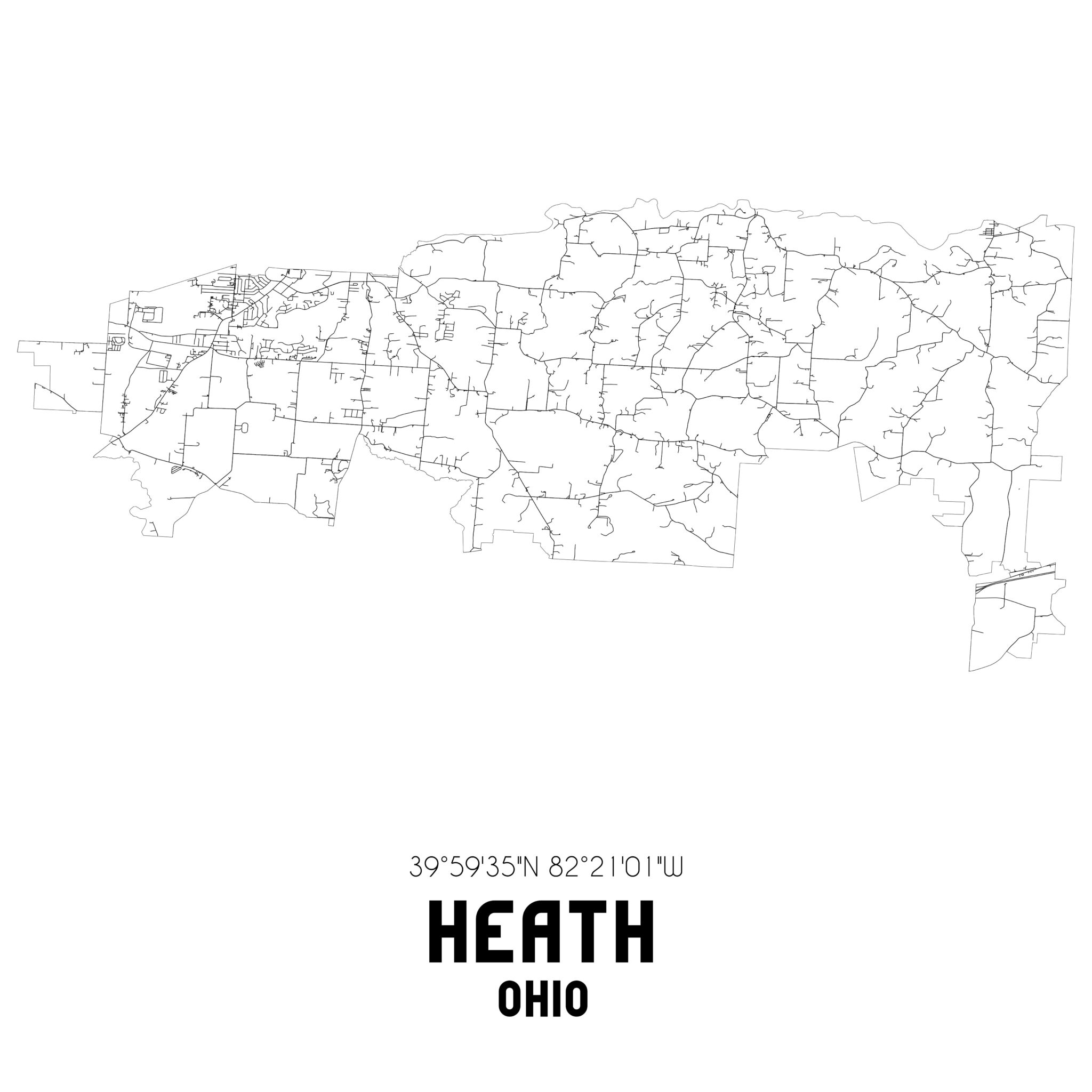 Heath Ohio. US street map with black and white lines.