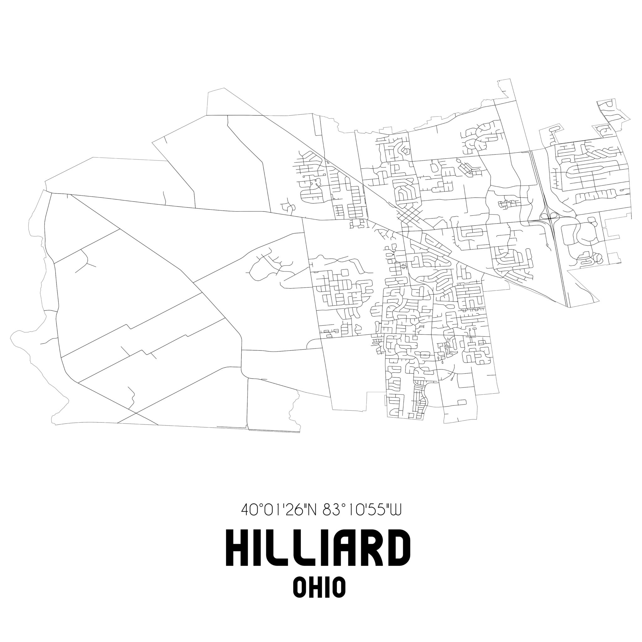 Hilliard Ohio. US street map with black and white lines.