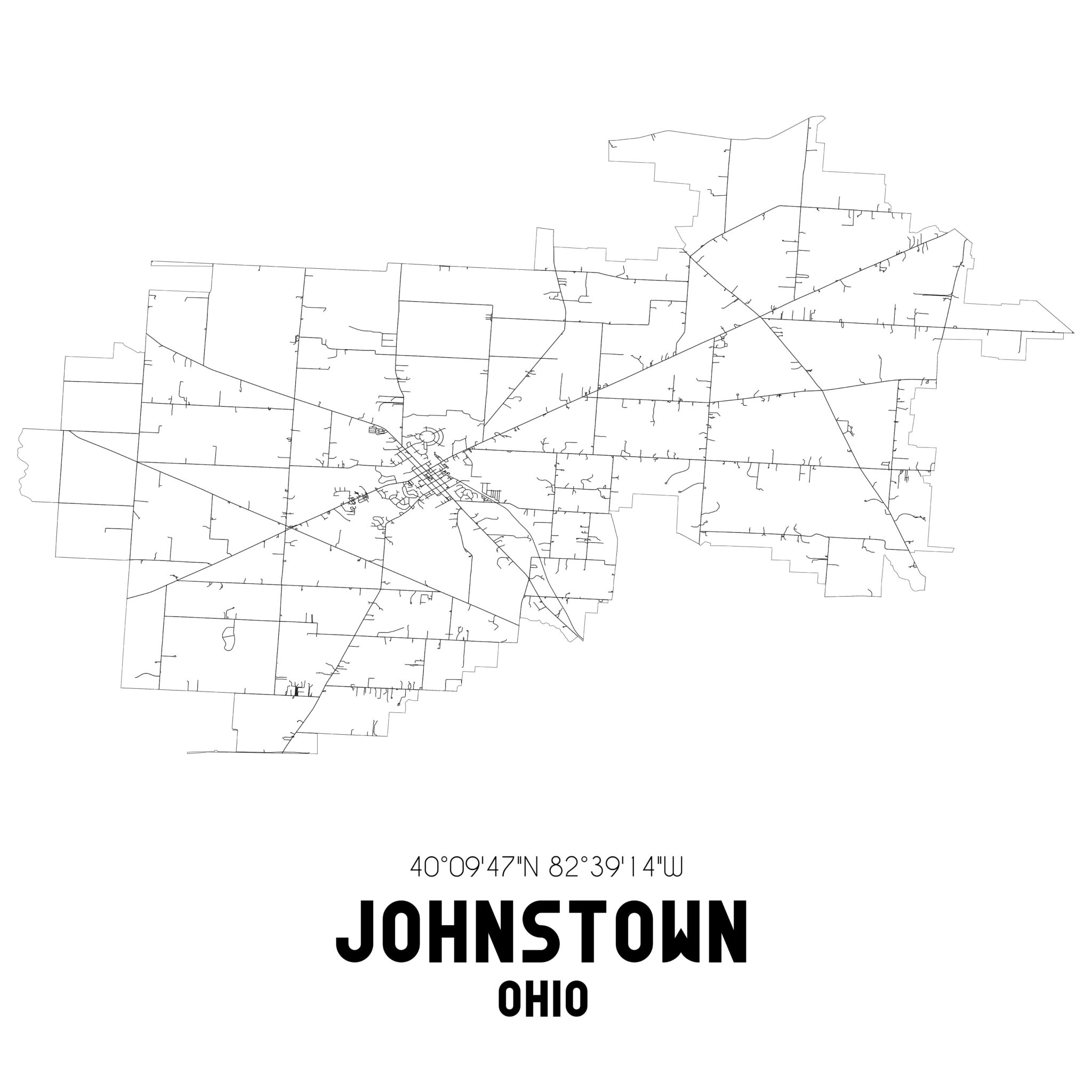 Johnstown Ohio. US street map with black and white lines.