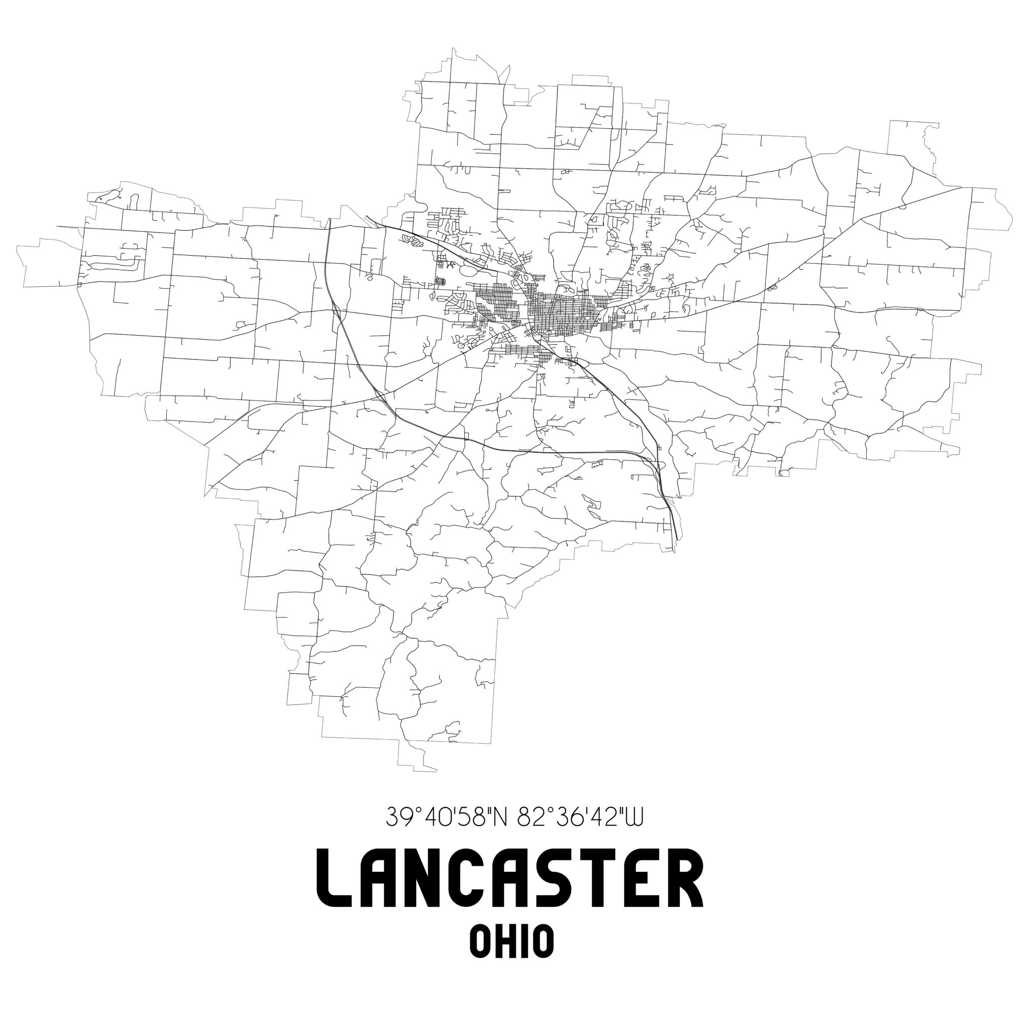 Lancaster Ohio. US street map with black and white lines.