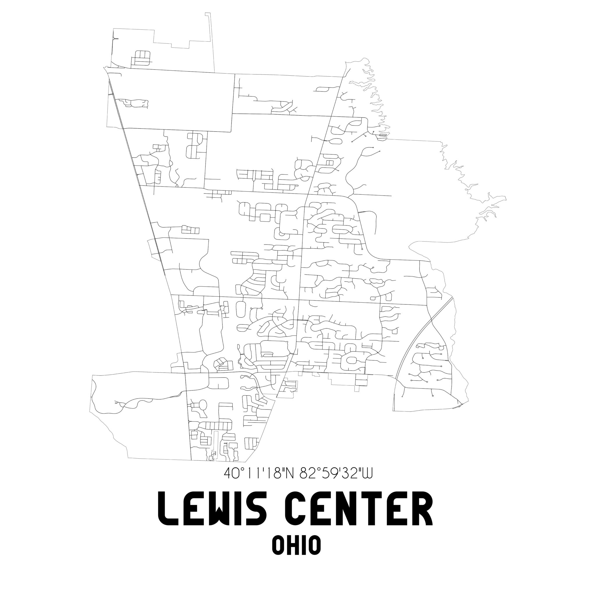 Lewis Center Ohio. US street map with black and white lines.