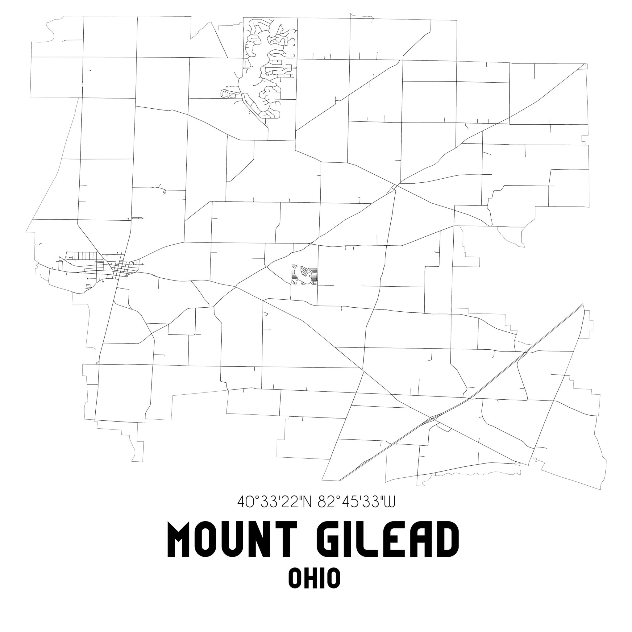 Mount Gilead Ohio. US street map with black and white lines.