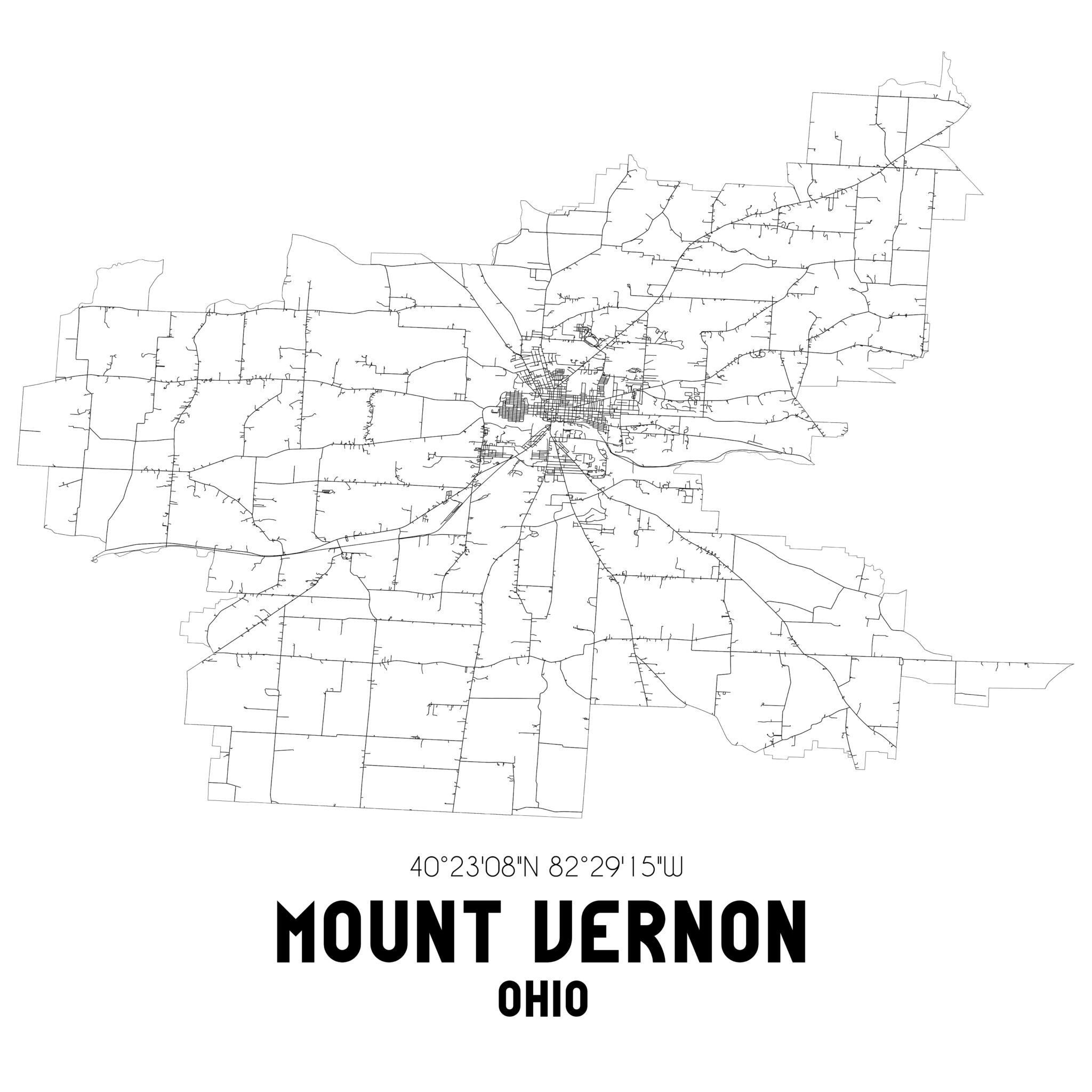 Mount Vernon Ohio. US street map with black and white lines.