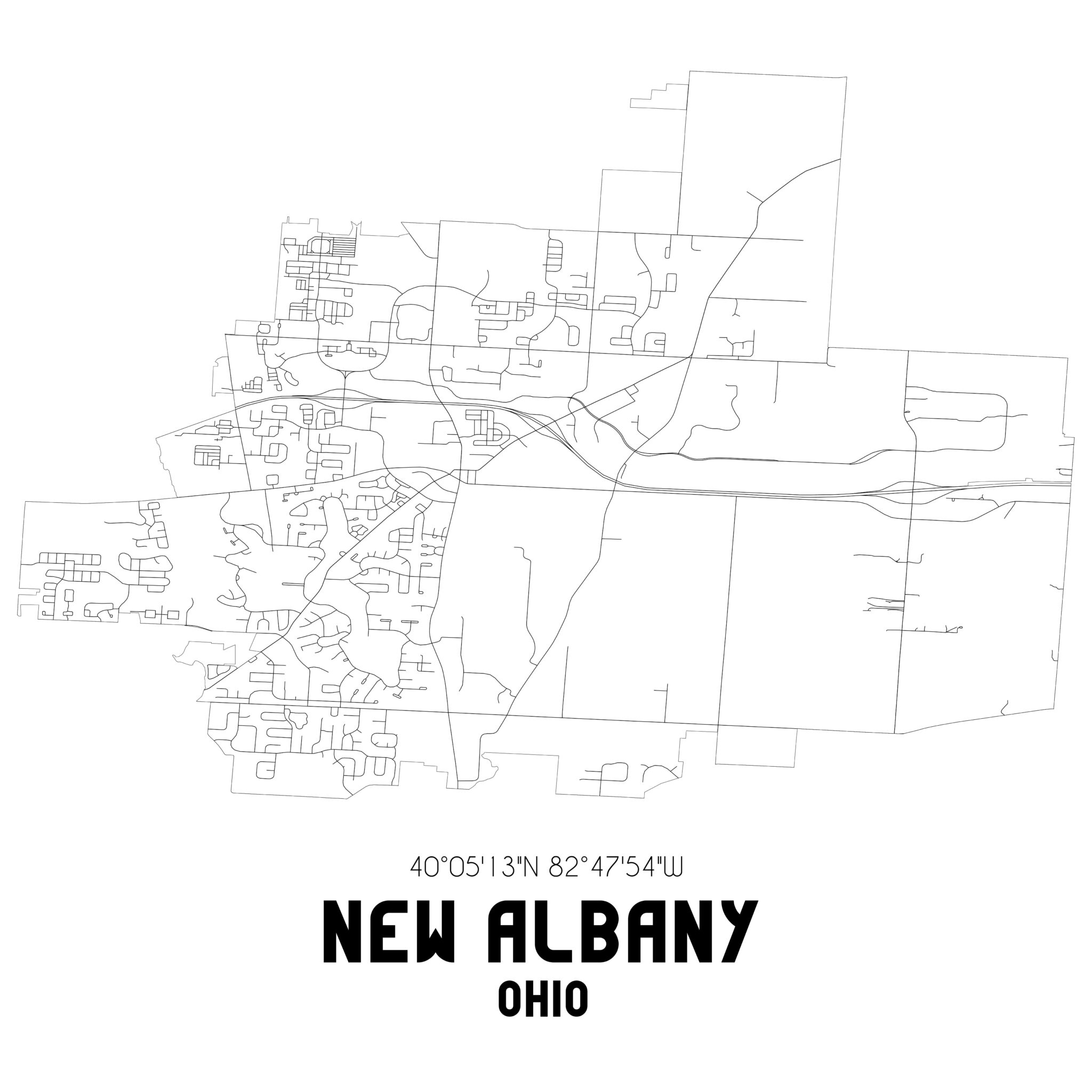 New Albany Ohio. US street map with black and white lines.