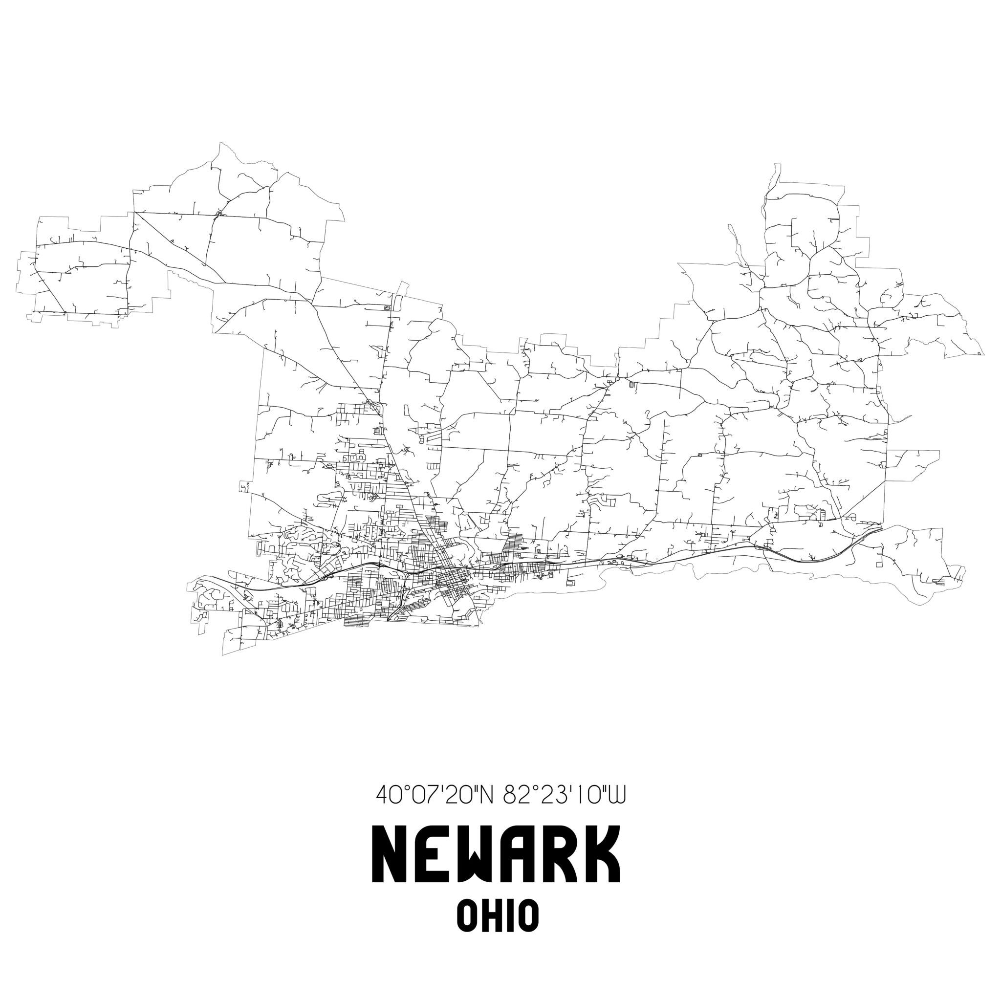 Newark Ohio. US street map with black and white lines.