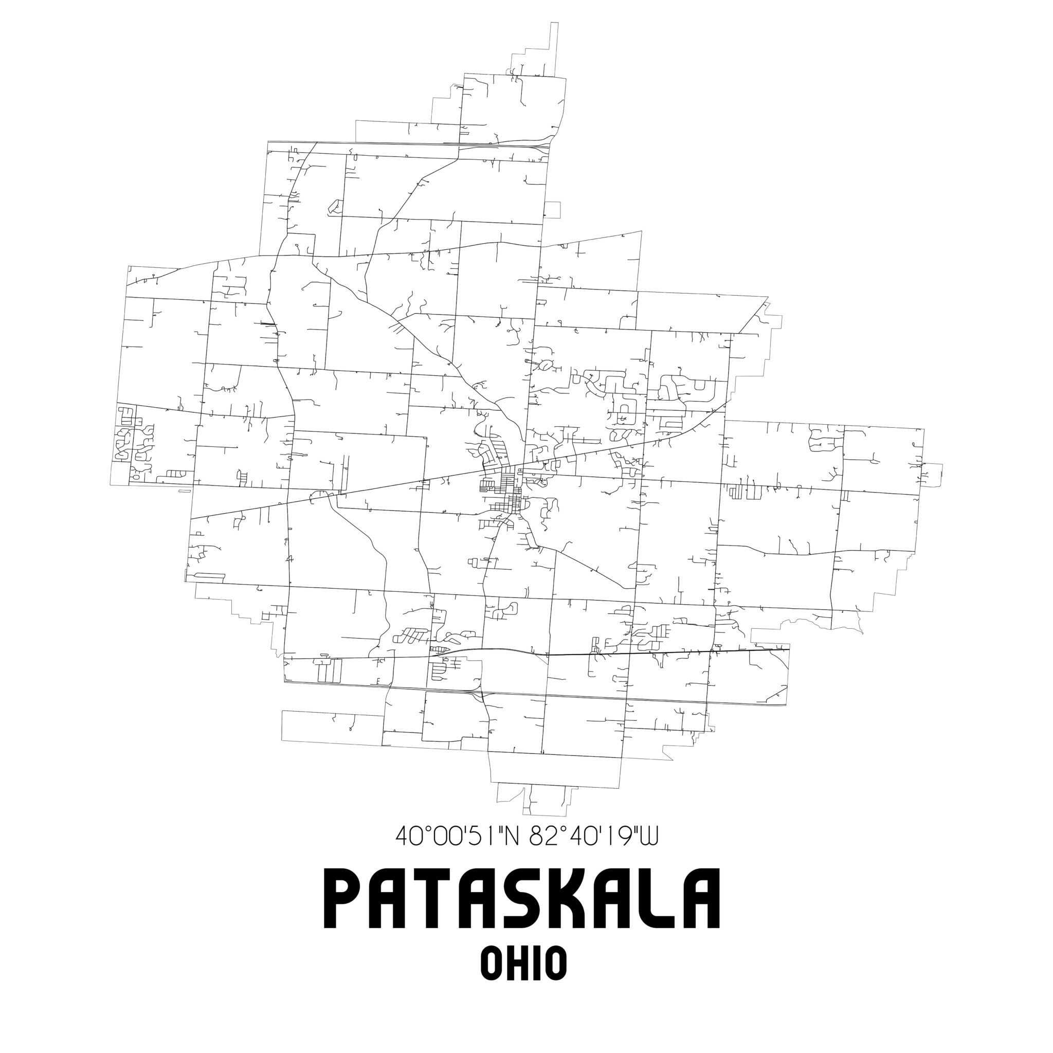 Pataskala Ohio. US street map with black and white lines.