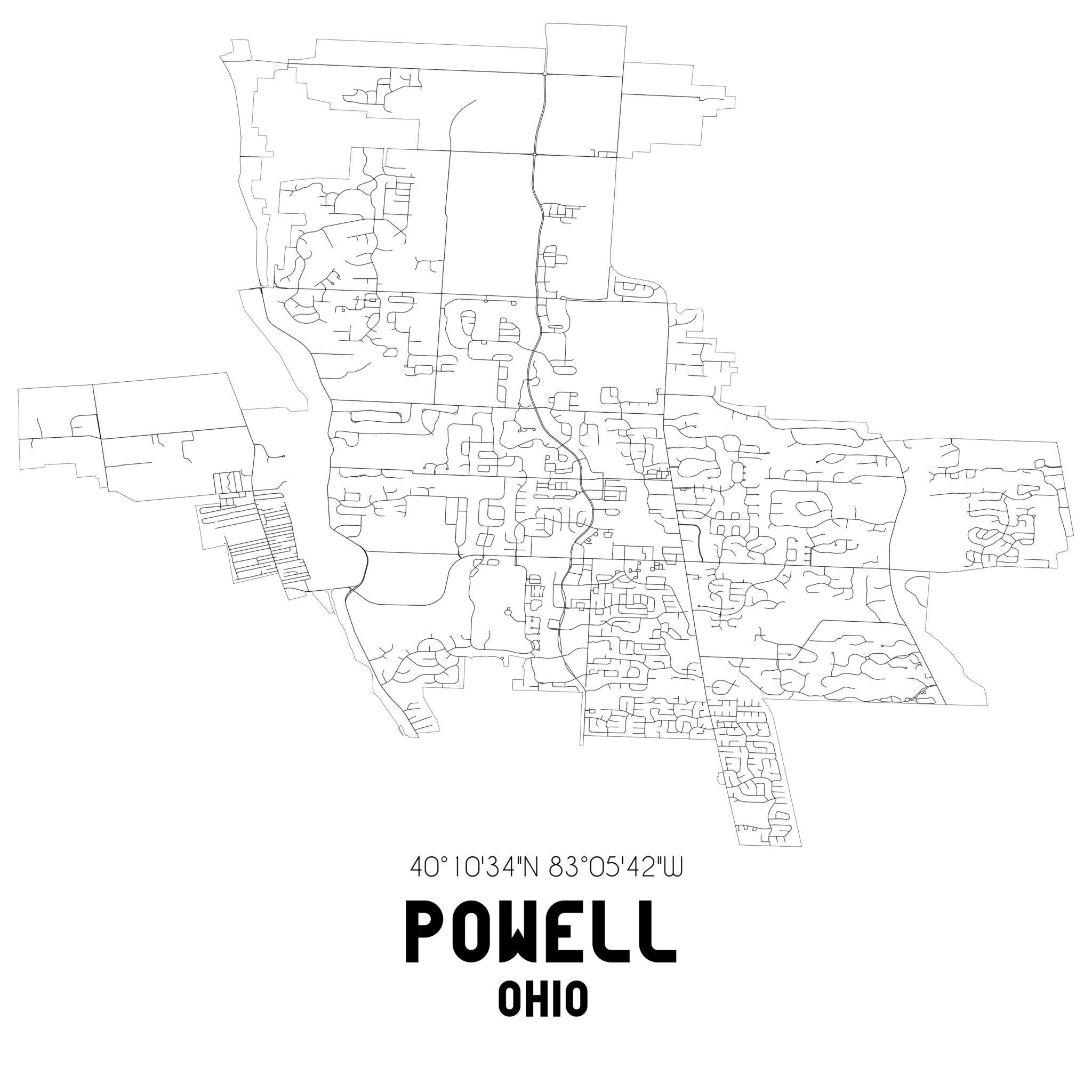 Powell Ohio. US street map with black and white lines.