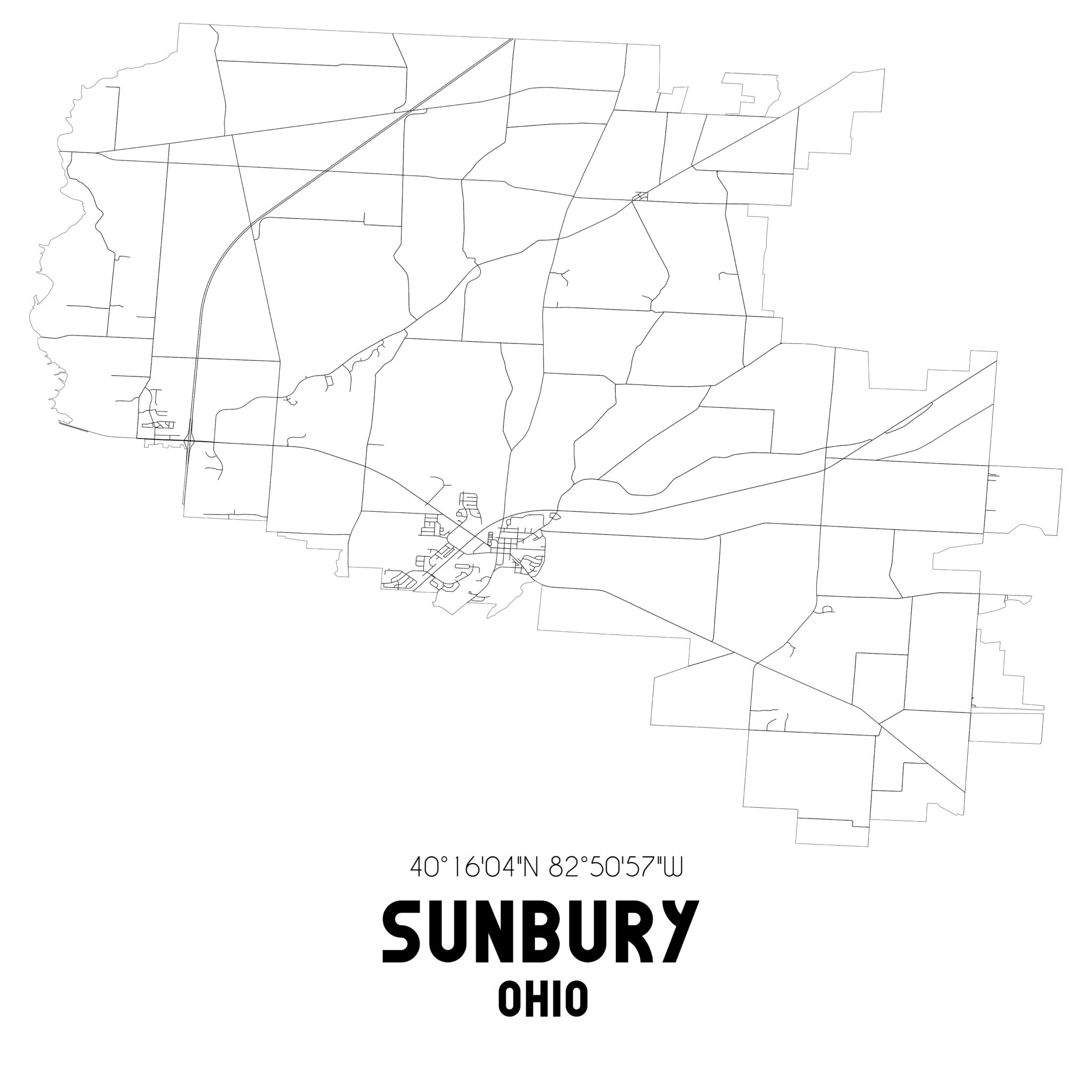 Sunbury Ohio. US street map with black and white lines.