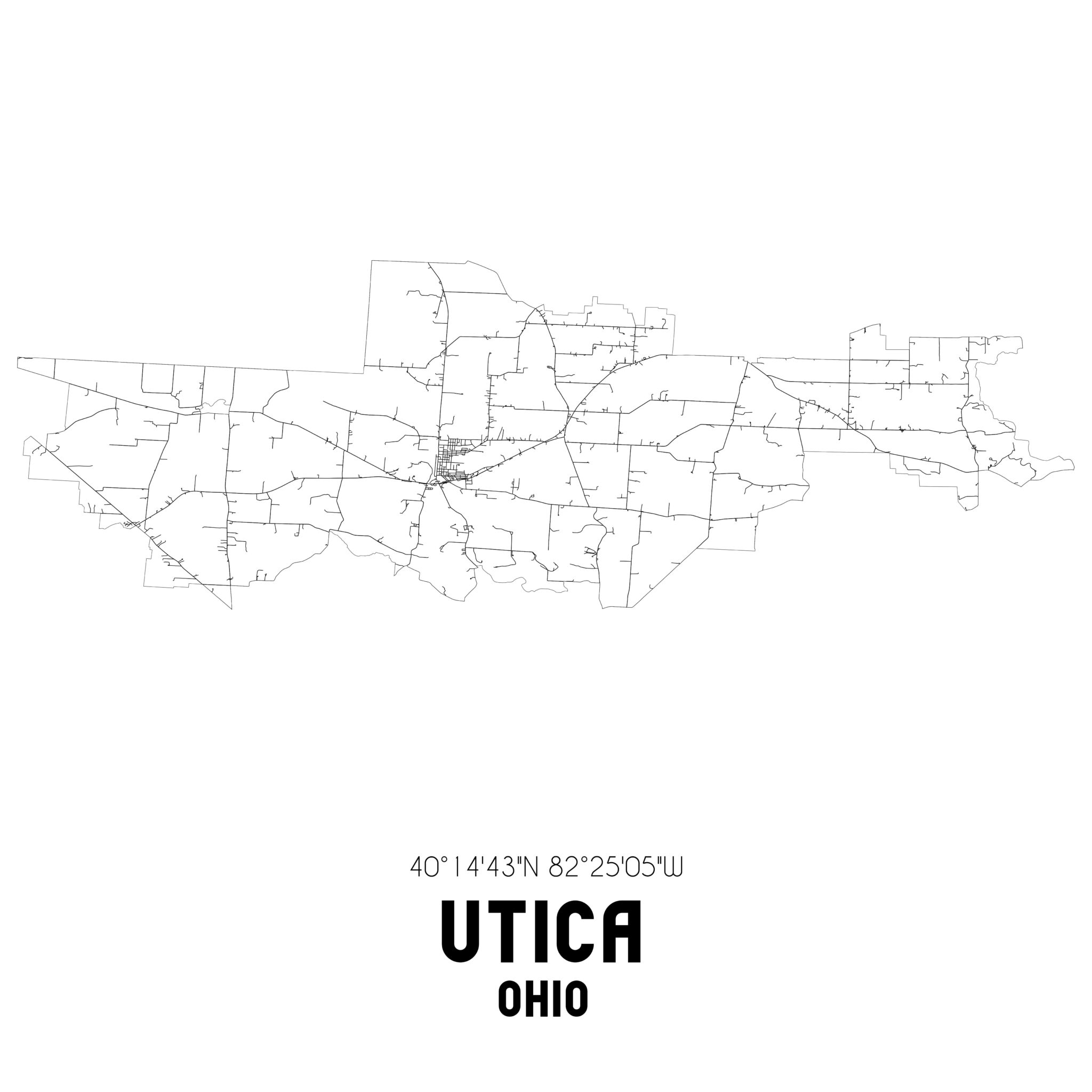 Utica Ohio. US street map with black and white lines.