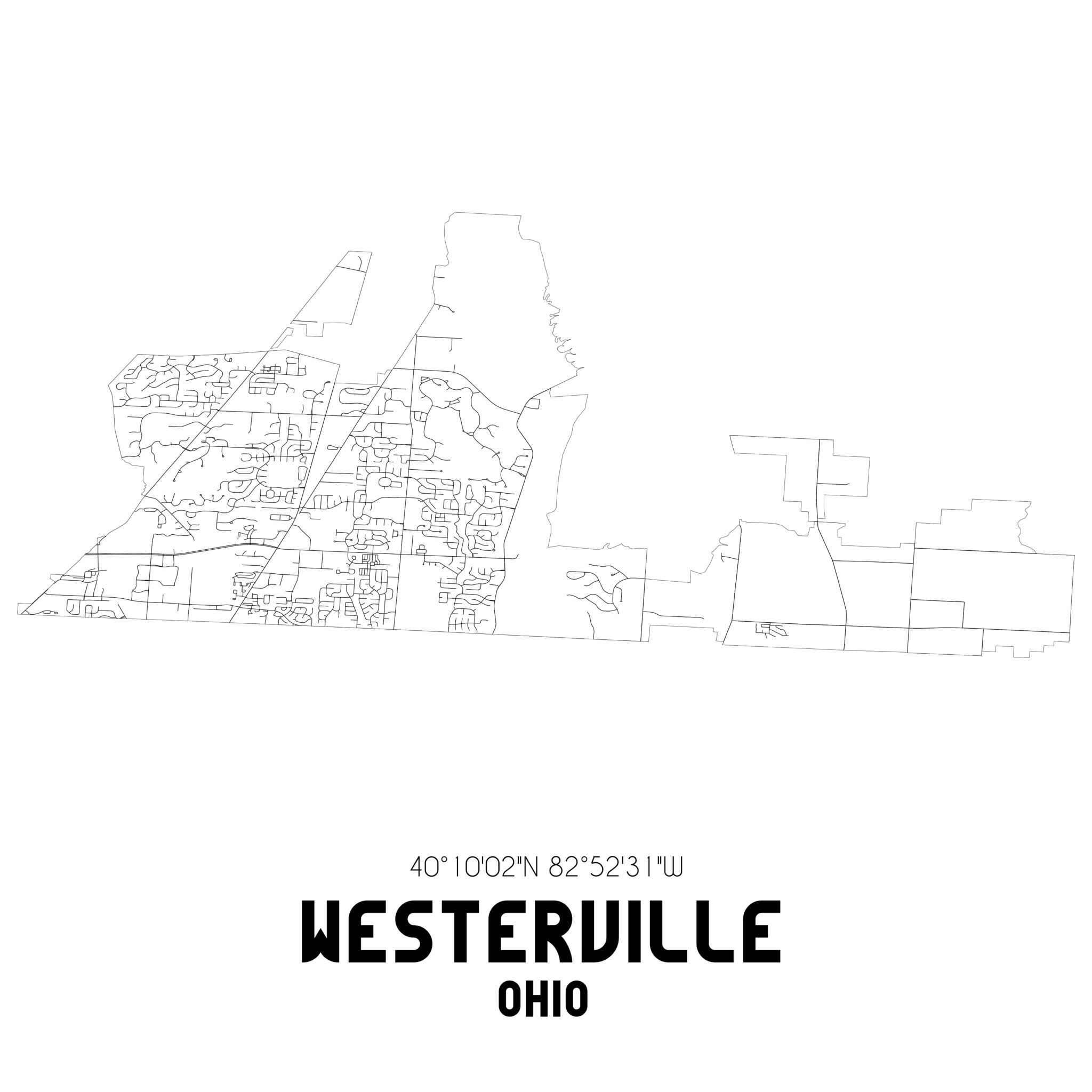 Westerville Ohio. US street map with black and white lines.